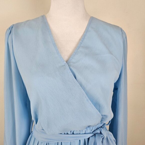 Womens Boho Small Light Blue Long Sleeve Midi Dress Elastic Waist Belt Wedding - Picture 7 of 12